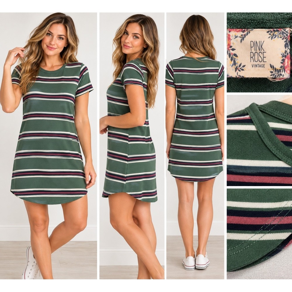 Pink Rose Vintage Small Green Striped T Shirt Dress Short Sleeve Stretch Casual